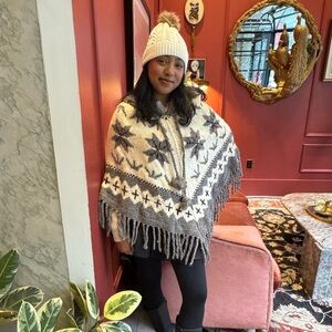Cozy Gray and Cream Knit Poncho with Fringe